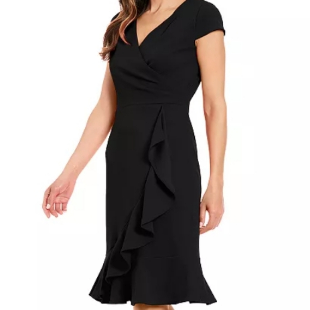 NWT London Times Cascade Ruffle Faux-Wrap Dress Size 10 In Navy